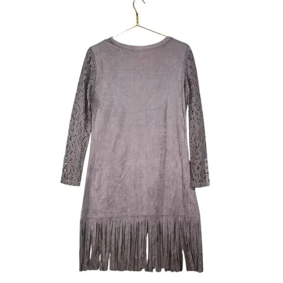 Pretty Angel Gray Linen Cotton Blend Fringe Western Boho Tunic Dress | M/L - Picture 11 of 11